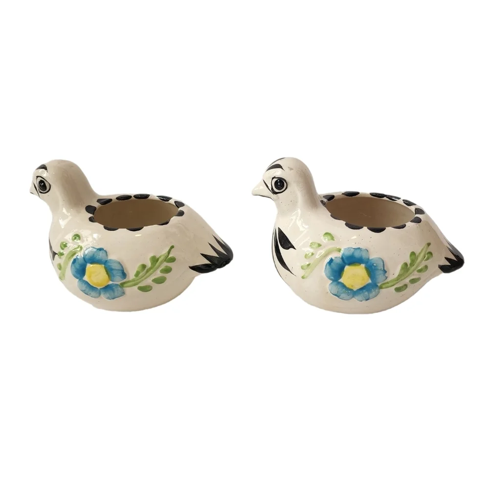 2 Mexican Ceramic Birds Blue Green Floral Print 3D Planters Hand Painted